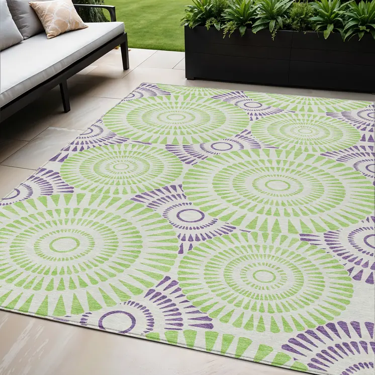 5' X 8' Green And Purple Geometric Washable Indoor Outdoor Area Rug