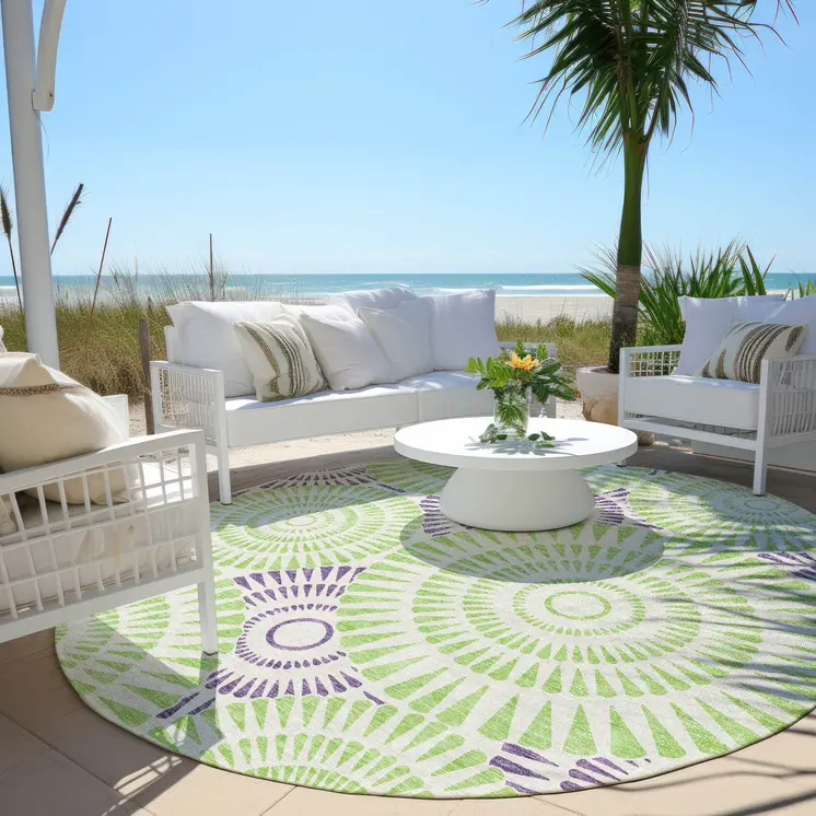 8' Green And Purple Round Geometric Washable Indoor Outdoor Area Rug