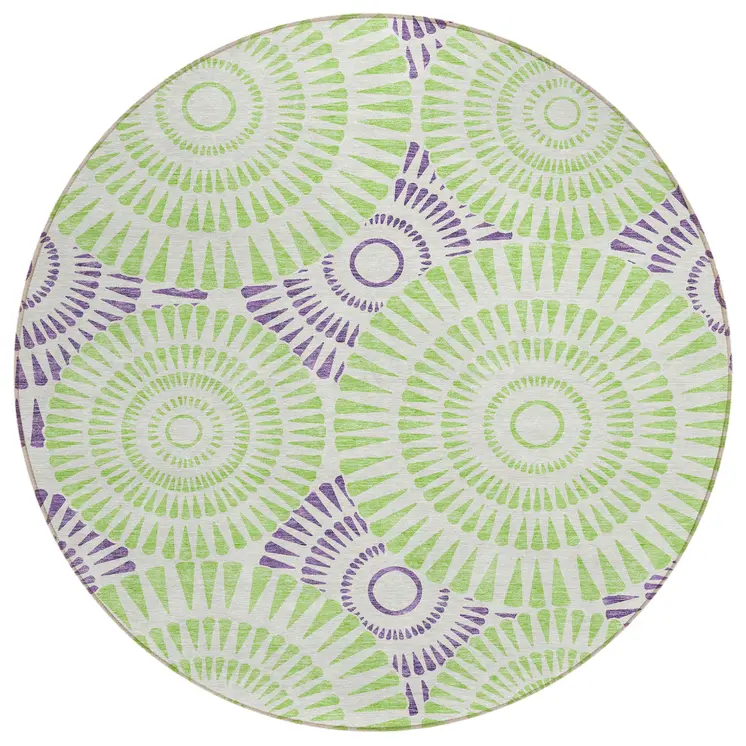 8' Green And Purple Round Geometric Washable Indoor Outdoor Area Rug