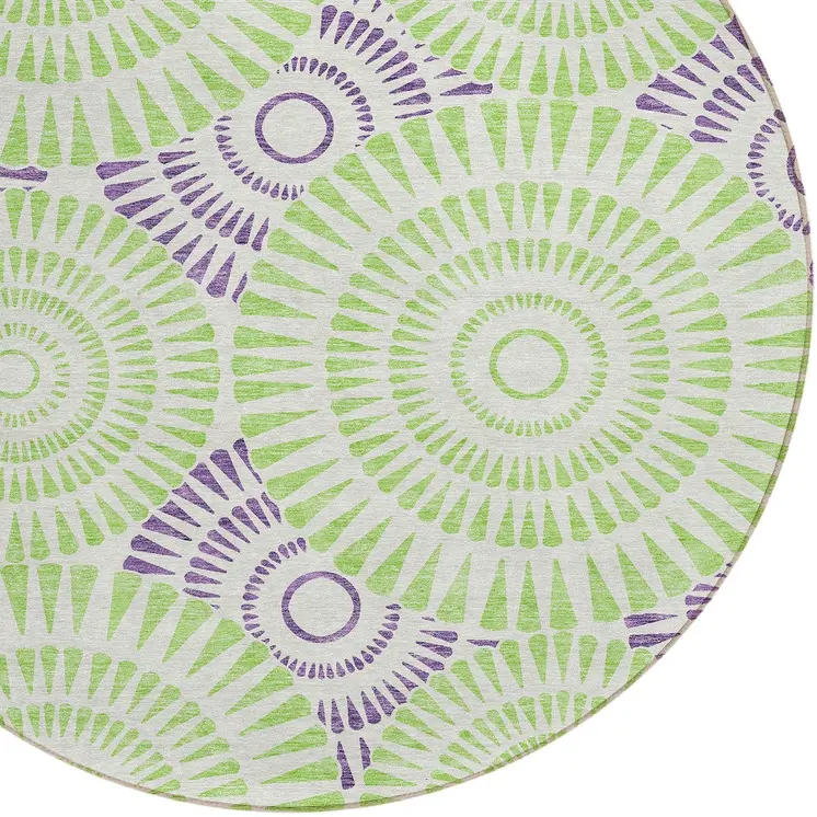 8' Green And Purple Round Geometric Washable Indoor Outdoor Area Rug