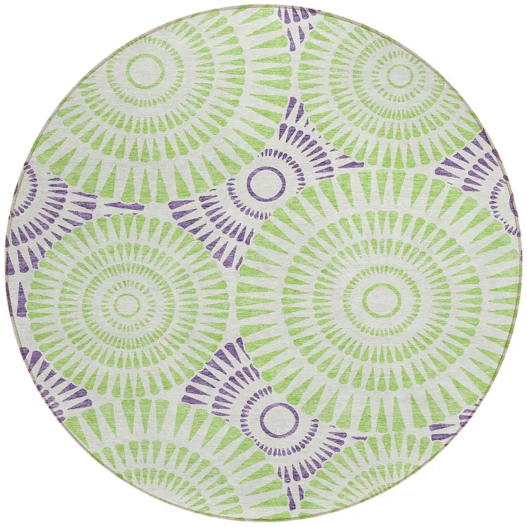 8' Green And Purple Round Geometric Washable Indoor Outdoor Area Rug