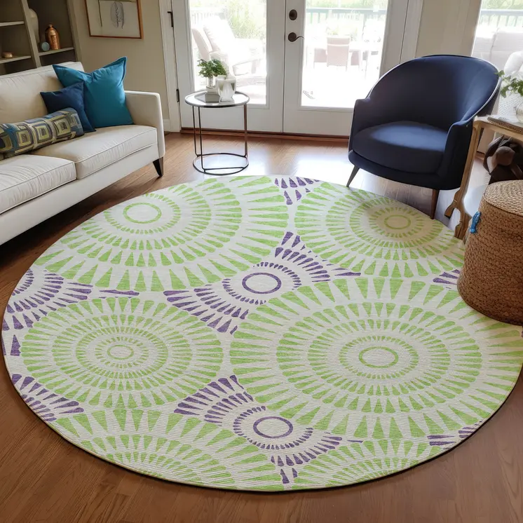 8' Green And Purple Round Geometric Washable Indoor Outdoor Area Rug