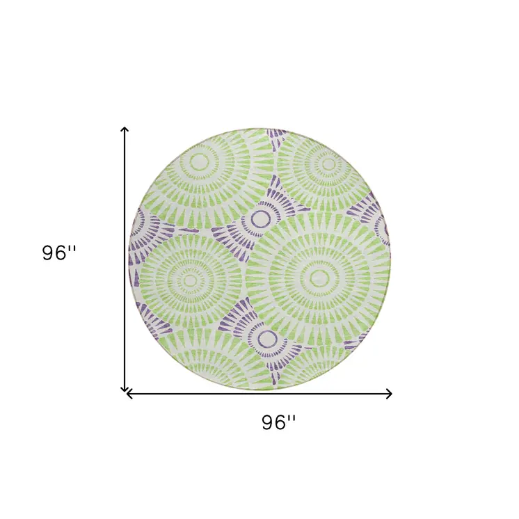 8' Green And Purple Round Geometric Washable Indoor Outdoor Area Rug