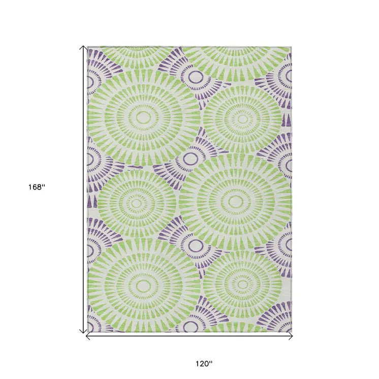 10' X 14' Green And Purple Geometric Washable Indoor Outdoor Area Rug