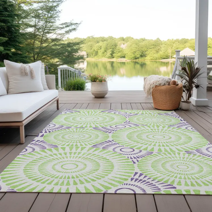10' X 14' Green And Purple Geometric Washable Indoor Outdoor Area Rug