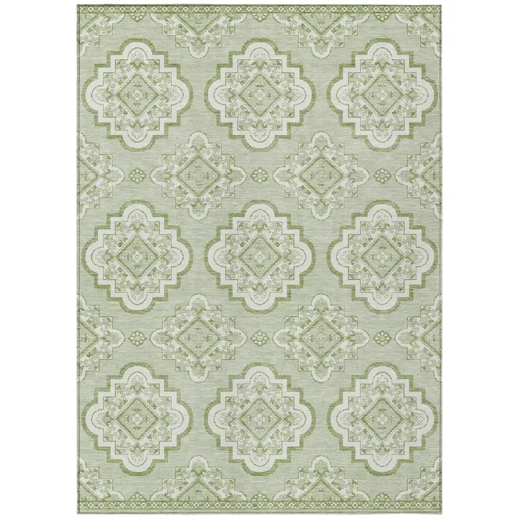 5' X 8' Artichoke Green And Ivory Medallion Washable Indoor Outdoor Area Rug