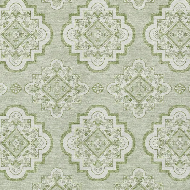 5' X 8' Artichoke Green And Ivory Medallion Washable Indoor Outdoor Area Rug