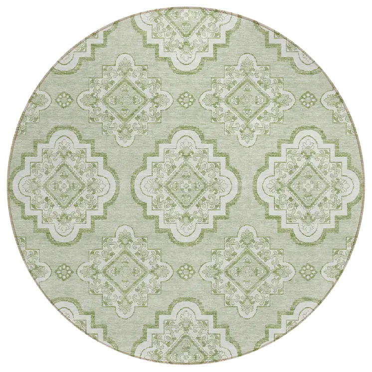 8' Artichoke Green And Ivory Round Medallion Washable Indoor Outdoor Area Rug