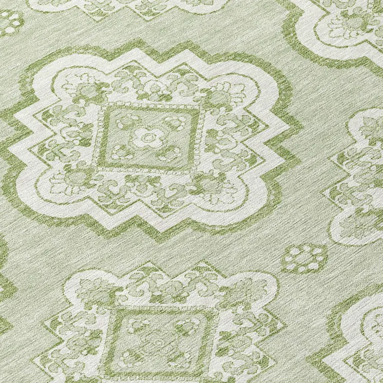 8' Artichoke Green And Ivory Round Medallion Washable Indoor Outdoor Area Rug