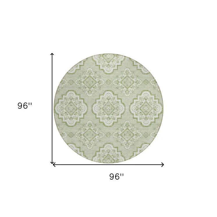 8' Artichoke Green And Ivory Round Medallion Washable Indoor Outdoor Area Rug