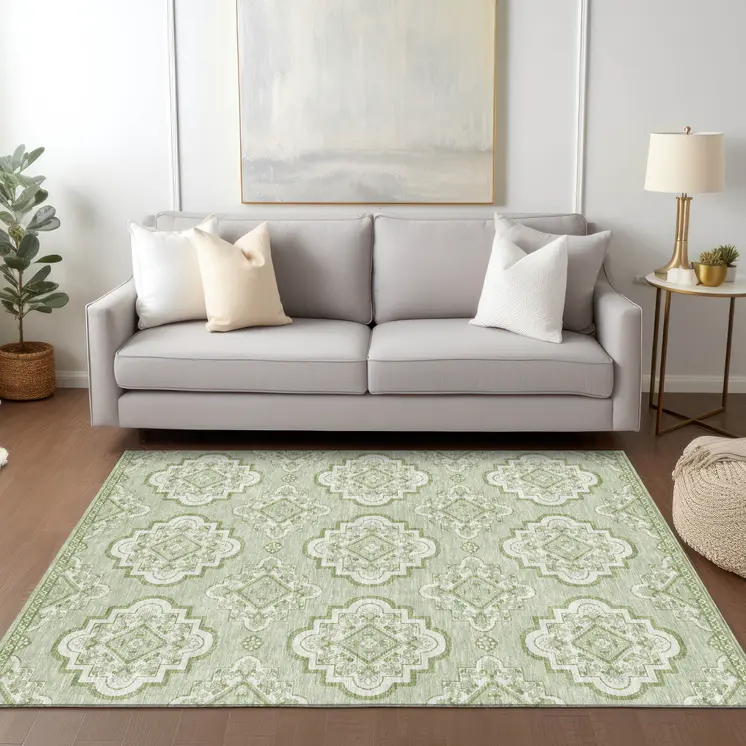 8' X 10' Artichoke Green And Ivory Medallion Washable Indoor Outdoor Area Rug