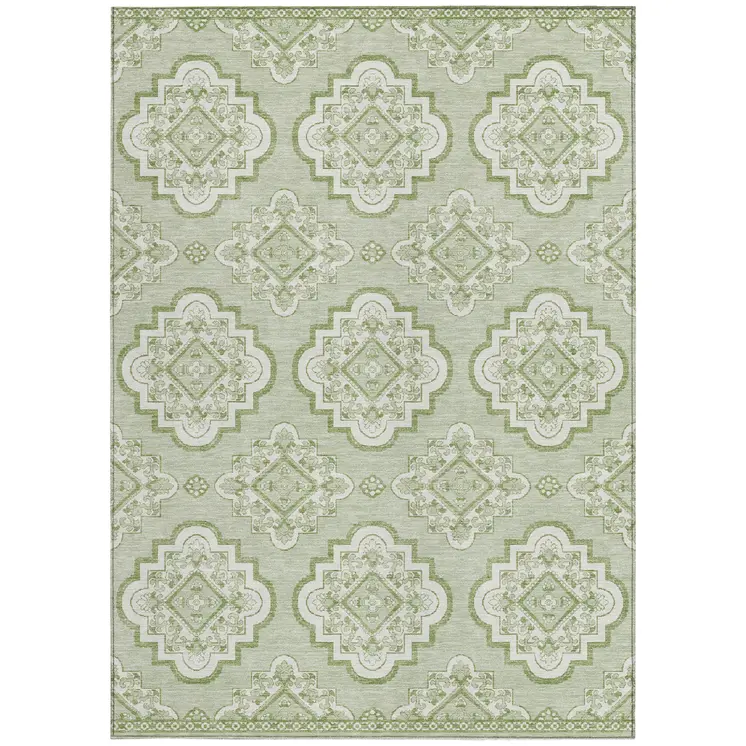 9' X 12' Artichoke Green And Ivory Medallion Washable Indoor Outdoor Area Rug