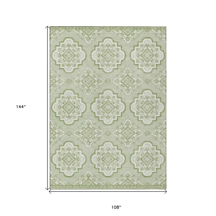9' X 12' Artichoke Green And Ivory Medallion Washable Indoor Outdoor Area Rug