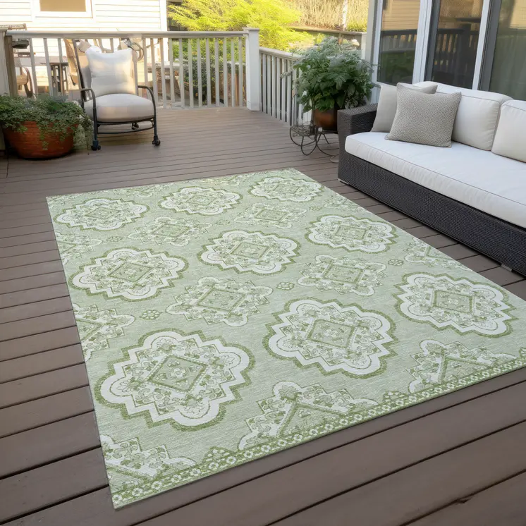 9' X 12' Artichoke Green And Ivory Medallion Washable Indoor Outdoor Area Rug