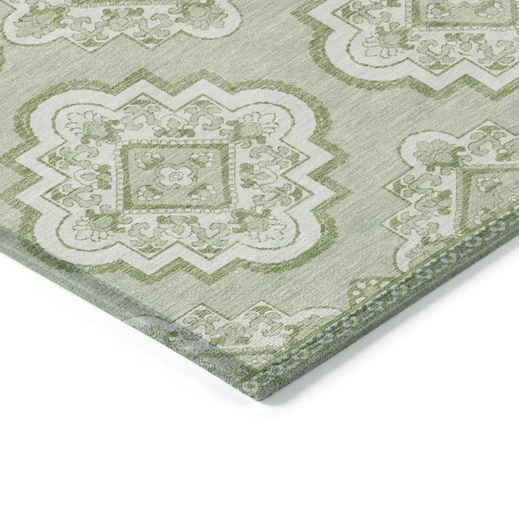 9' X 12' Artichoke Green And Ivory Medallion Washable Indoor Outdoor Area Rug