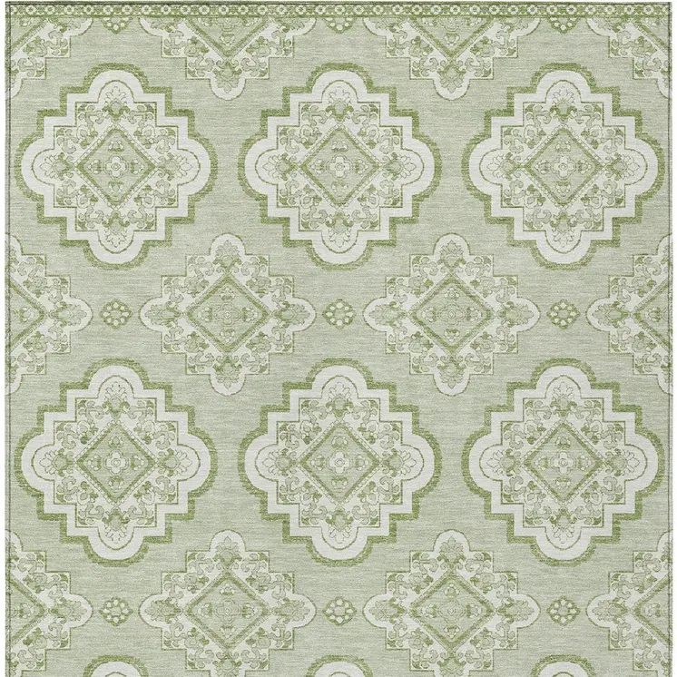9' X 12' Artichoke Green And Ivory Medallion Washable Indoor Outdoor Area Rug