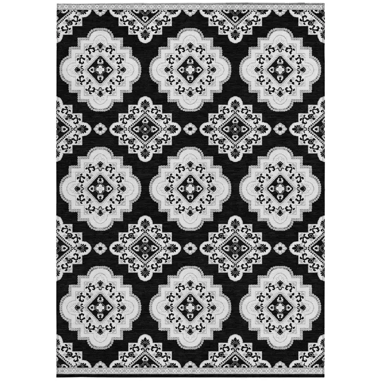3' X 5' Black And Ivory Medallion Washable Indoor Outdoor Area Rug