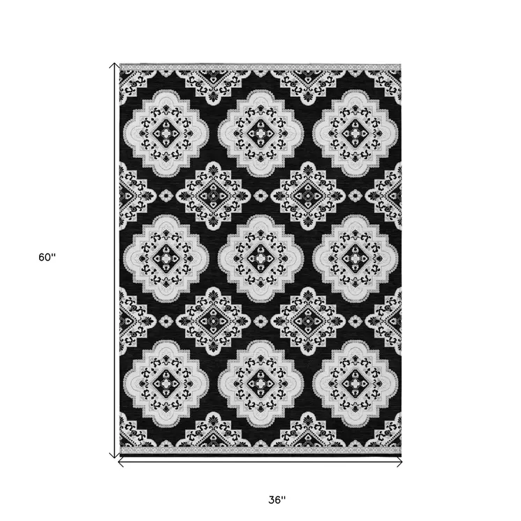 3' X 5' Black And Ivory Medallion Washable Indoor Outdoor Area Rug