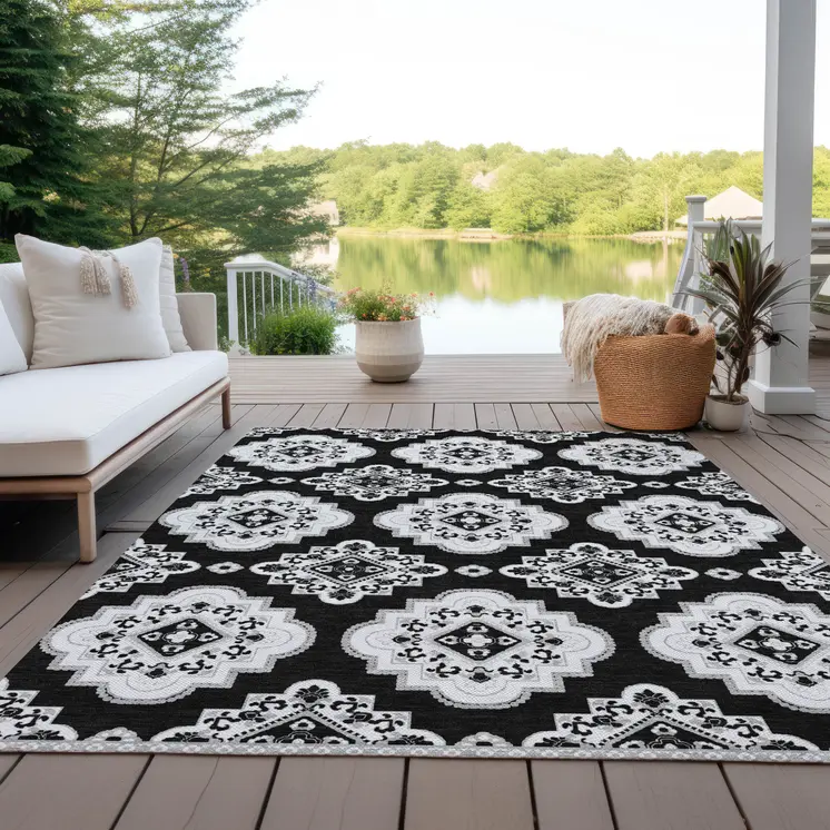 3' X 5' Black And Ivory Medallion Washable Indoor Outdoor Area Rug