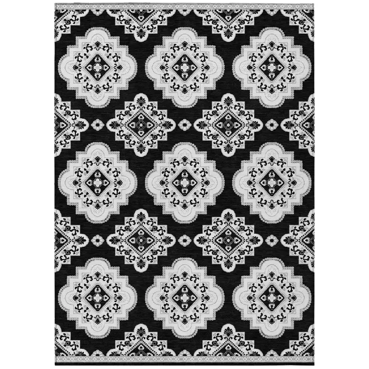 3' X 5' Black And Ivory Medallion Washable Indoor Outdoor Area Rug