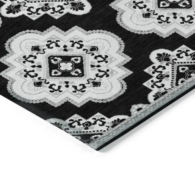 3' X 5' Black And Ivory Medallion Washable Indoor Outdoor Area Rug
