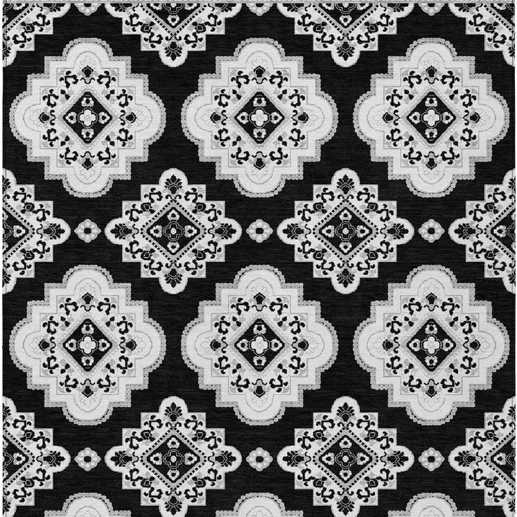 3' X 5' Black And Ivory Medallion Washable Indoor Outdoor Area Rug