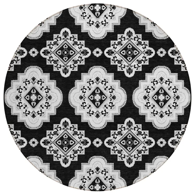 8' Black Round Medallion Washable Indoor Outdoor Area Rug