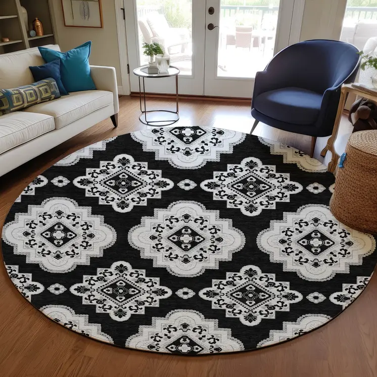 8' Black Round Medallion Washable Indoor Outdoor Area Rug