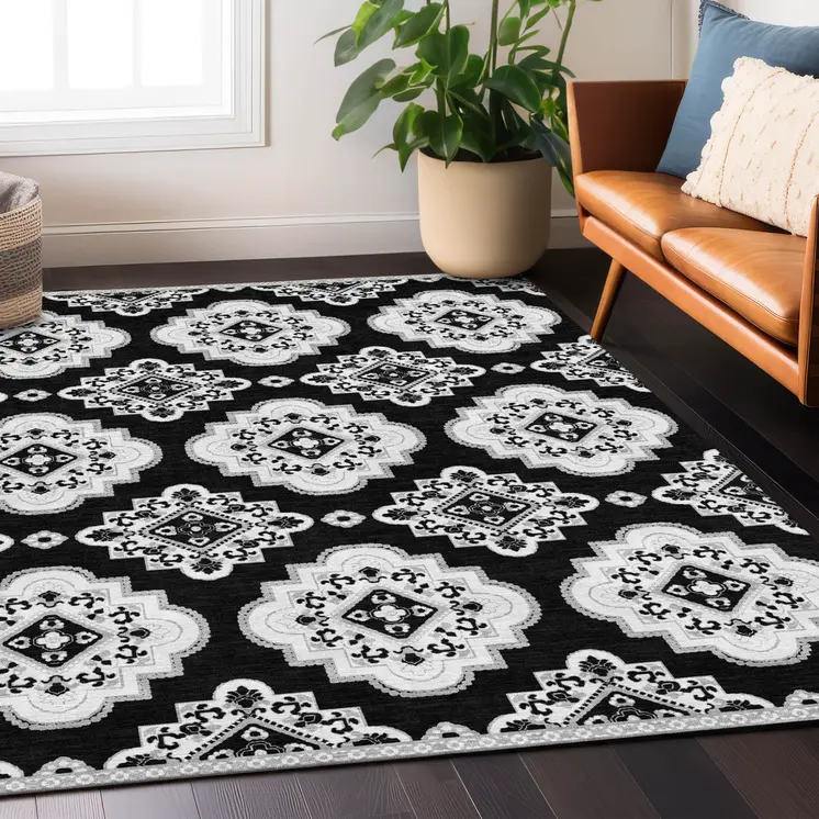9' X 12' Black And Ivory Medallion Washable Indoor Outdoor Area Rug