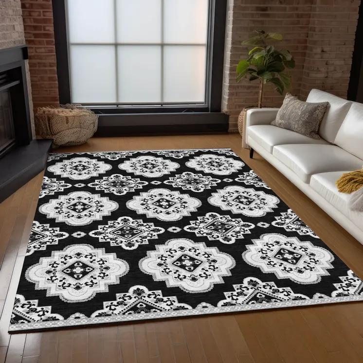 10' X 14' Black And Ivory Medallion Washable Indoor Outdoor Area Rug