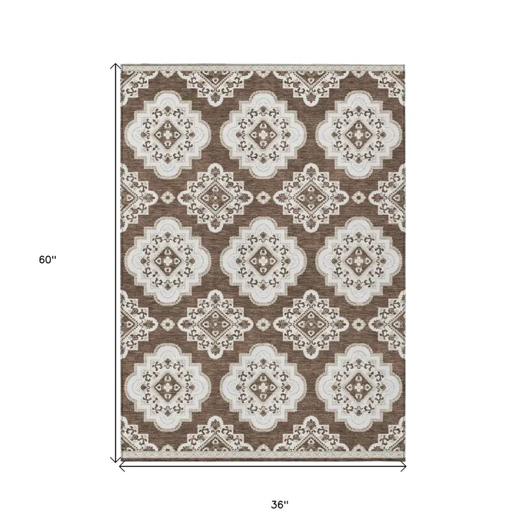 3' X 5' Brown And Ivory Medallion Washable Indoor Outdoor Area Rug