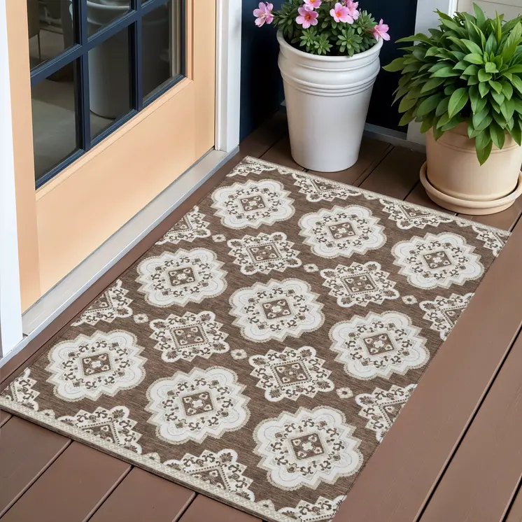 3' X 5' Brown And Ivory Medallion Washable Indoor Outdoor Area Rug