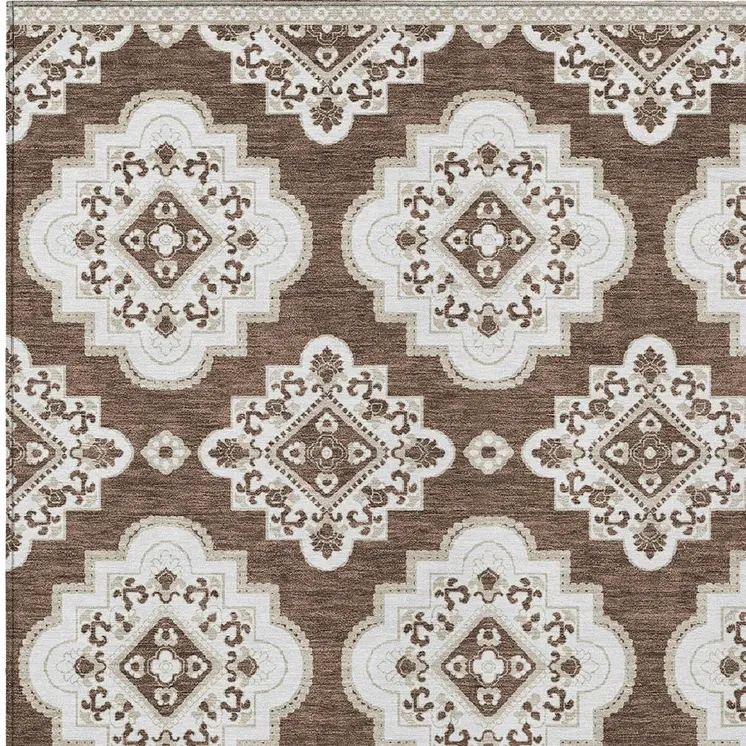 5' X 8' Brown And Ivory Medallion Washable Indoor Outdoor Area Rug