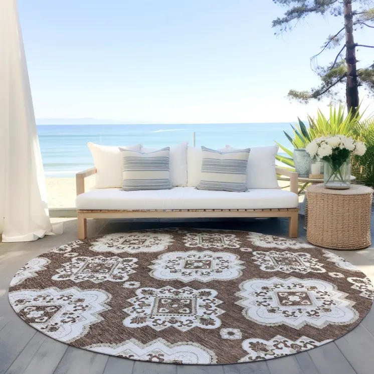 8' Brown And Ivory Round Medallion Washable Indoor Outdoor Area Rug