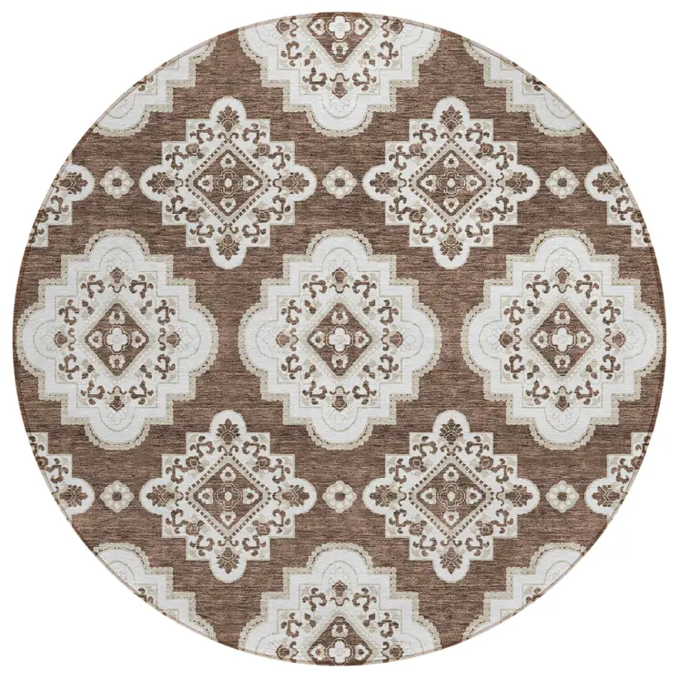8' Brown And Ivory Round Medallion Washable Indoor Outdoor Area Rug