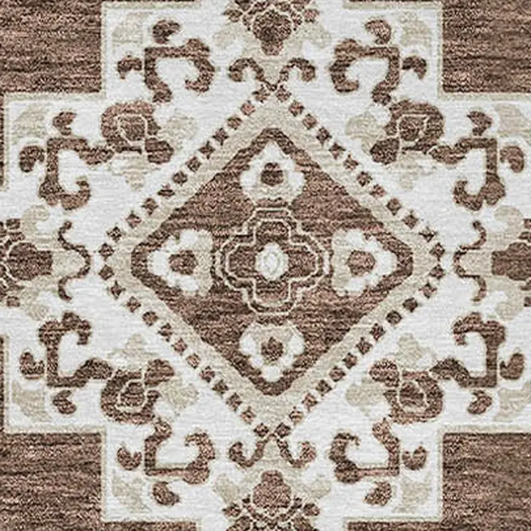 8' Brown And Ivory Round Medallion Washable Indoor Outdoor Area Rug