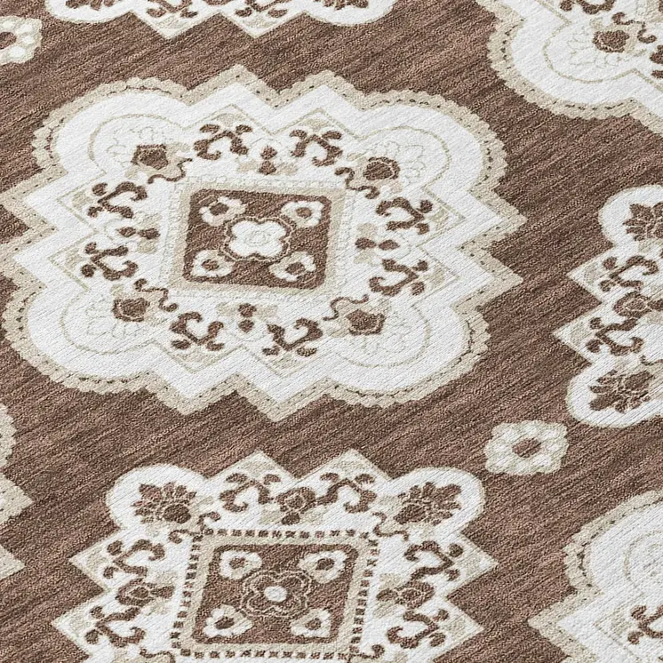 8' Brown And Ivory Round Medallion Washable Indoor Outdoor Area Rug