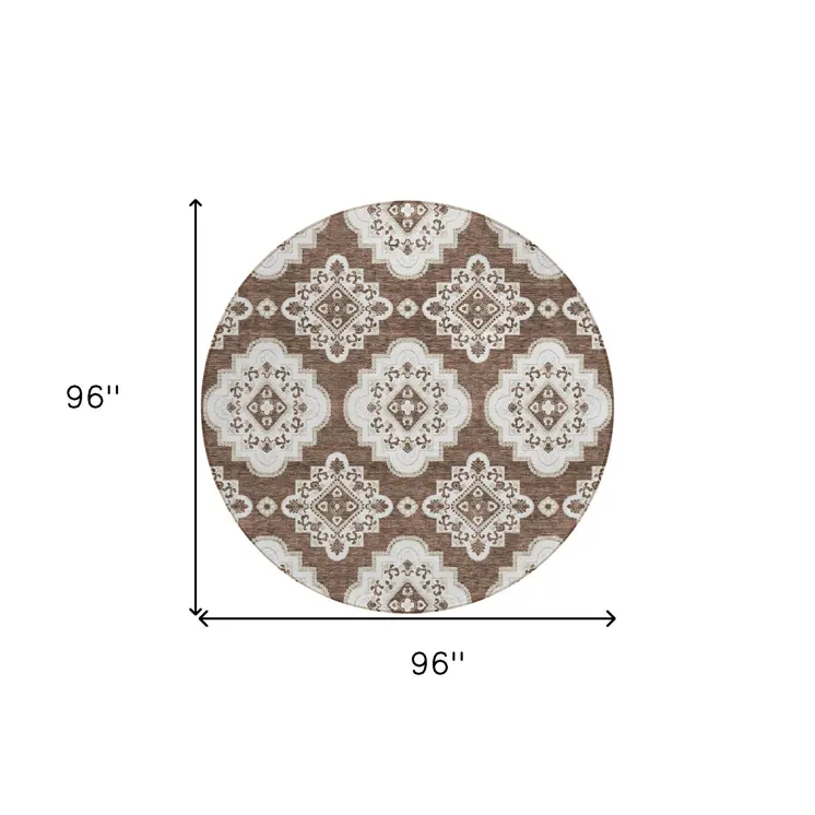 8' Brown And Ivory Round Medallion Washable Indoor Outdoor Area Rug