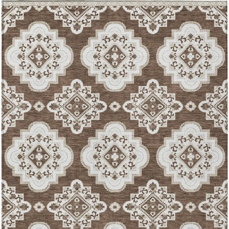 8' X 10' Brown And Ivory Medallion Washable Indoor Outdoor Area Rug