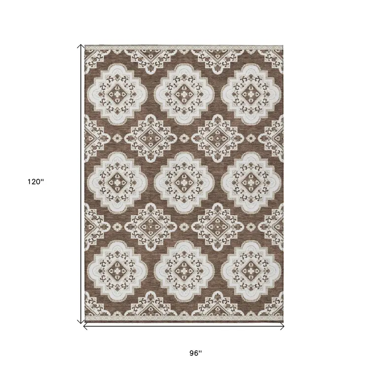 8' X 10' Brown And Ivory Medallion Washable Indoor Outdoor Area Rug