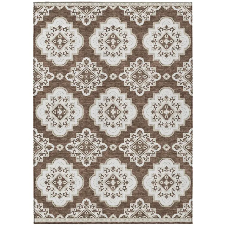 8' X 10' Brown And Ivory Medallion Washable Indoor Outdoor Area Rug