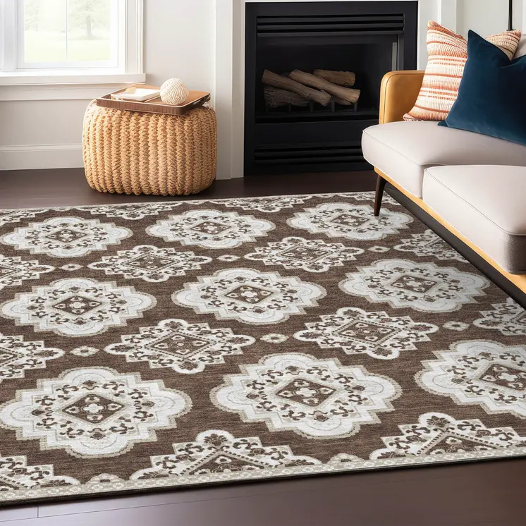 8' X 10' Brown And Ivory Medallion Washable Indoor Outdoor Area Rug