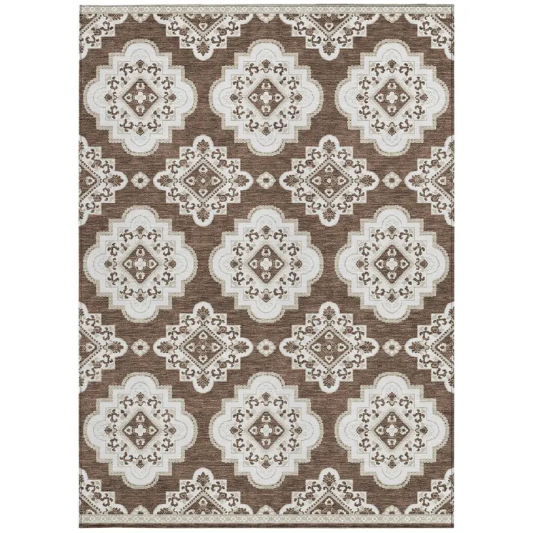9' X 12' Brown And Ivory Medallion Washable Indoor Outdoor Area Rug