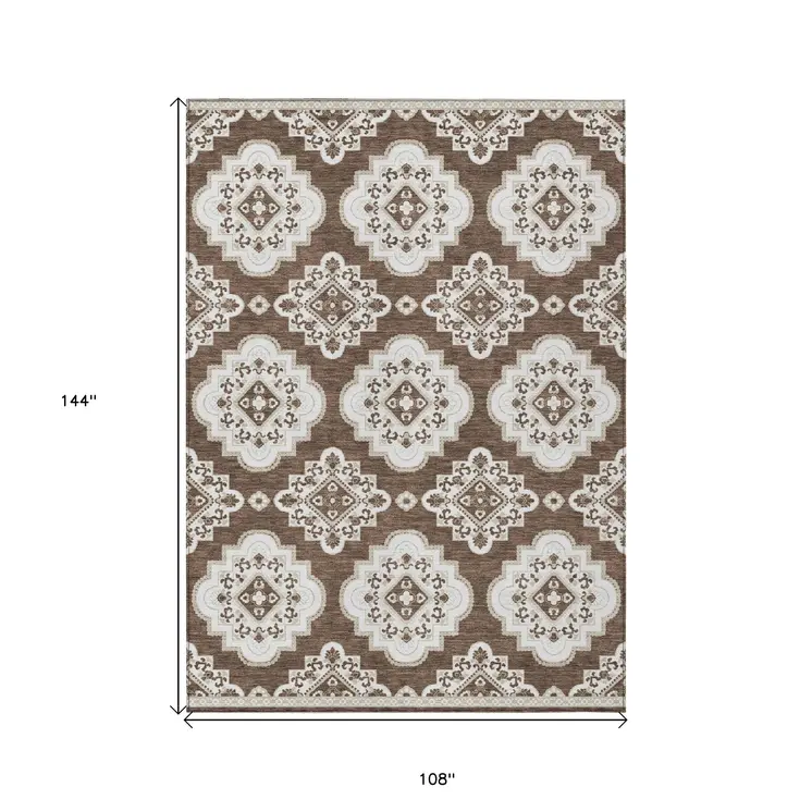9' X 12' Brown And Ivory Medallion Washable Indoor Outdoor Area Rug