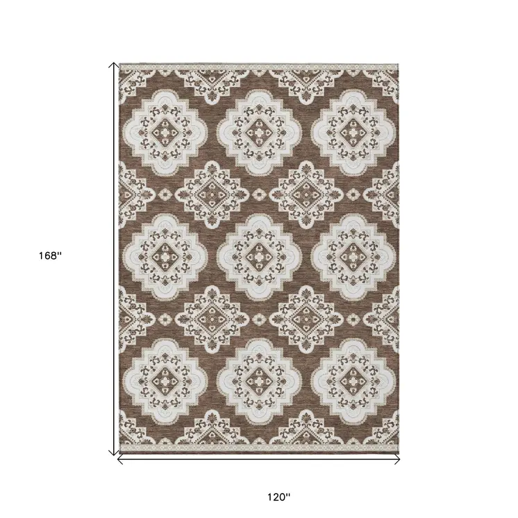 10' X 14' Brown And Ivory Medallion Washable Indoor Outdoor Area Rug