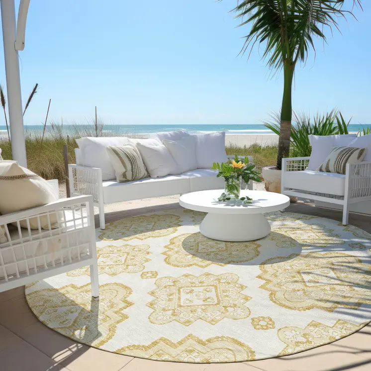 8' Gold And Ivory Round Medallion Washable Indoor Outdoor Area Rug