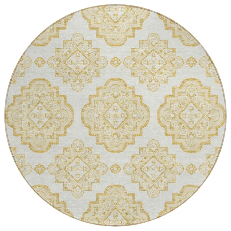 8' Gold And Ivory Round Medallion Washable Indoor Outdoor Area Rug
