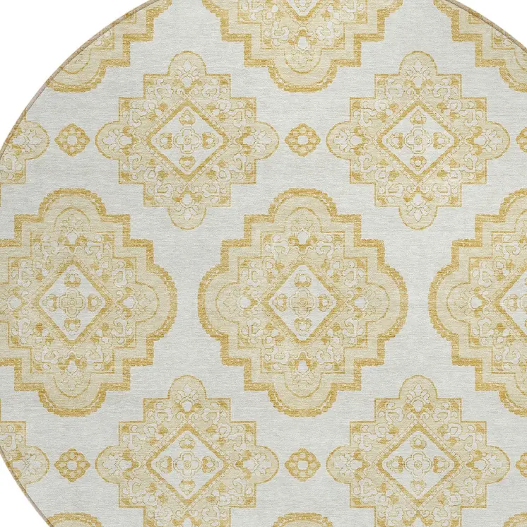8' Gold And Ivory Round Medallion Washable Indoor Outdoor Area Rug