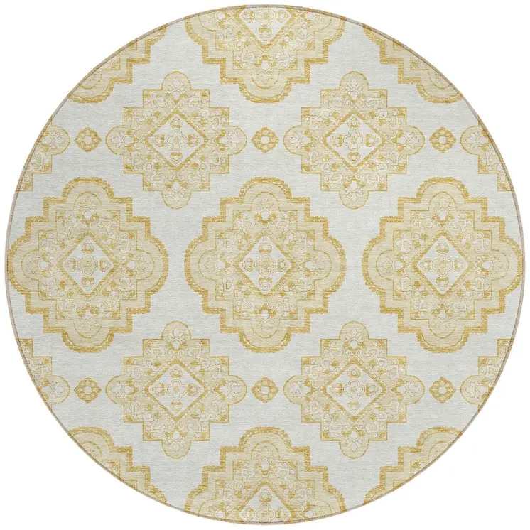 8' Gold And Ivory Round Medallion Washable Indoor Outdoor Area Rug