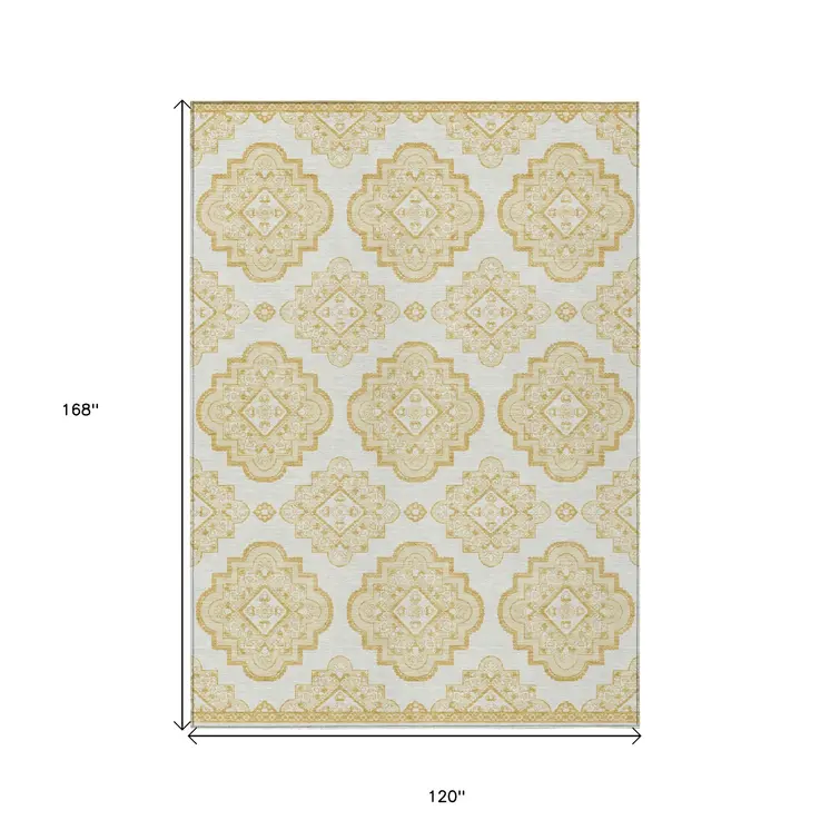 10' X 14' Gold And Ivory Medallion Washable Indoor Outdoor Area Rug